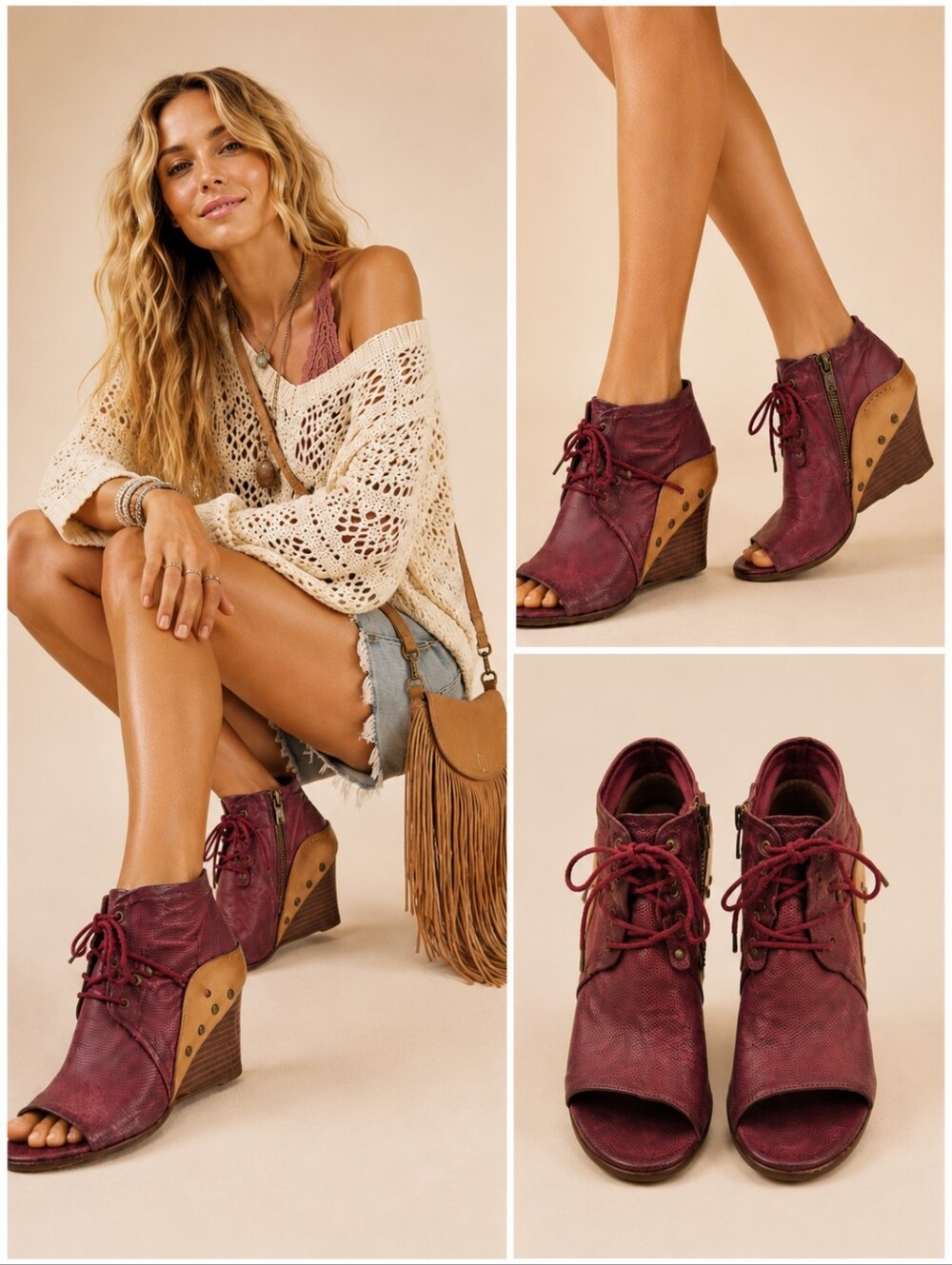 A.S.98 Burgundy Leather Peep Toe Lace-Up Wedge Booties EU 38 US 7.5/8   S4249 - Picture 3 of 12